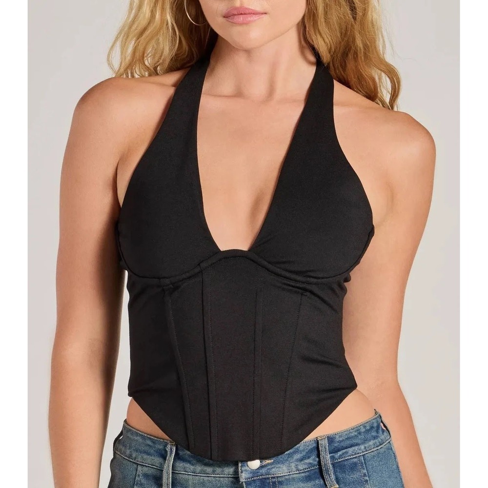 Windsor Black Halter Neck Corset Top Boned Bustier Size L
